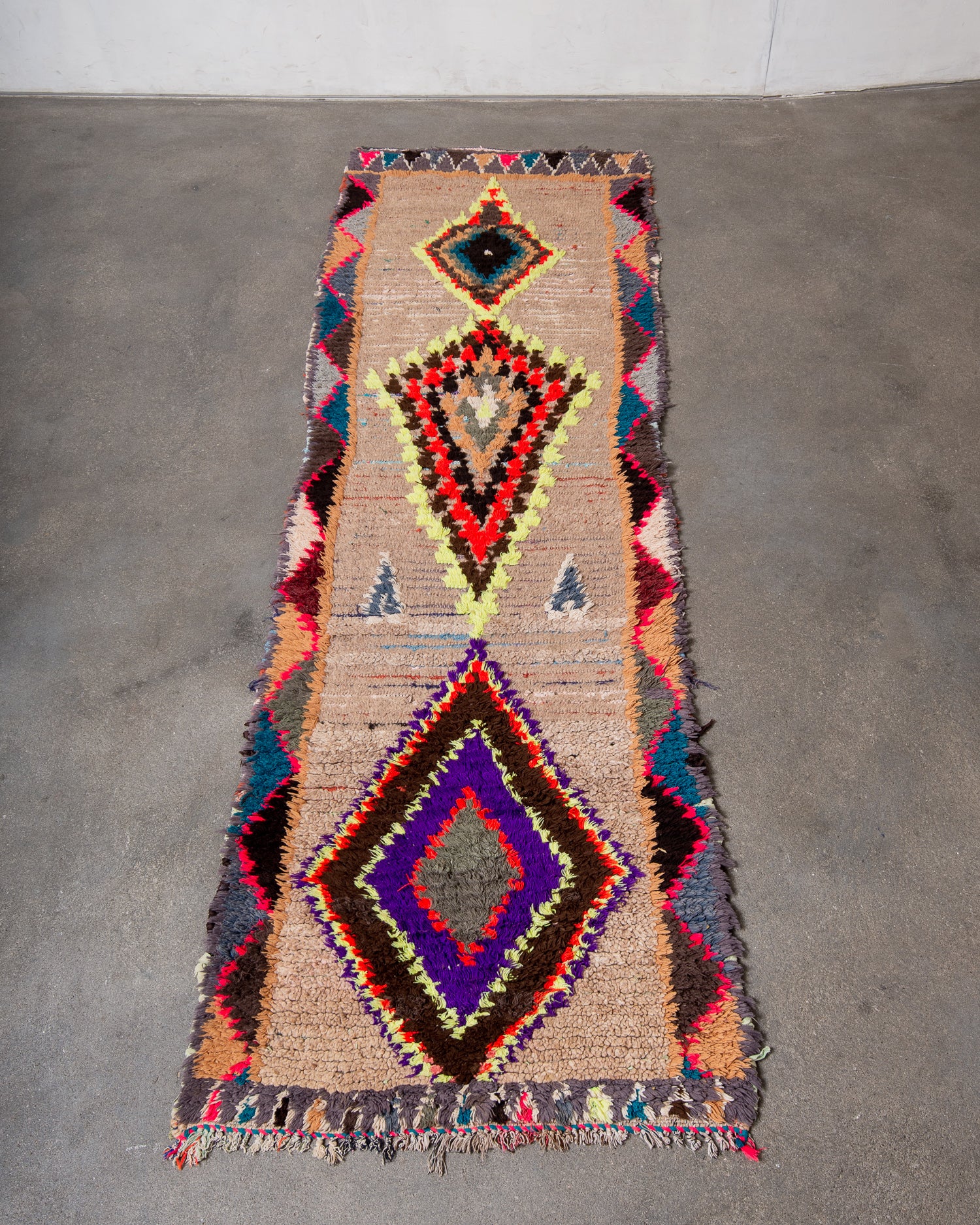 Modern, designer, handcrafted Berber runner rug from Morocco. Vintage carpet with beautiful colours and patterns and fluffy texture.